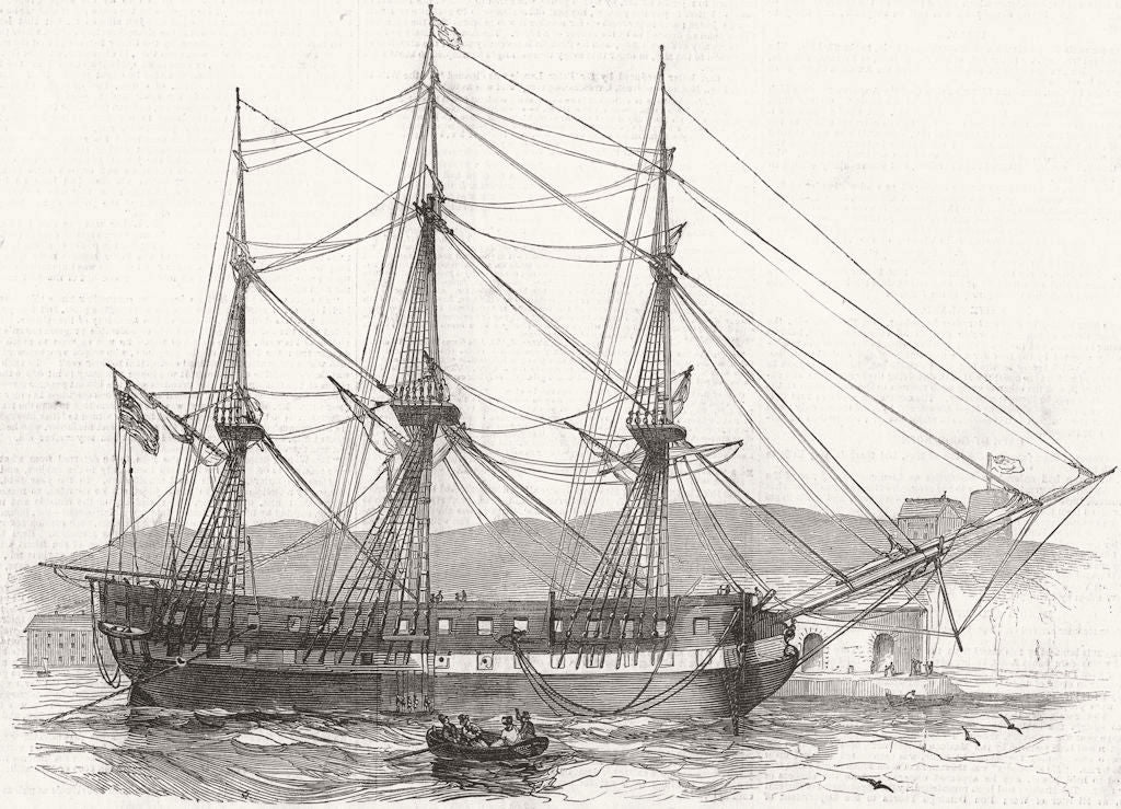 US. Macedonian, ship, with supplies for Irish poor 1847 old antique print